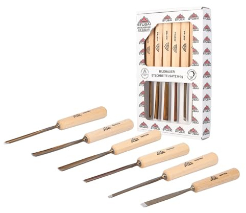 STUBAI Schnitzersatzset Kerbschnitzmesser Set Serie 52, 6-teilig - Balleisen 5 mm & 10 mm + Hohleisen 4 mm, 6 mm, 10 mm & 12 mm, Schnitzeisen mit Holzgriff, geschärft, zur Bearbeitung von Holz