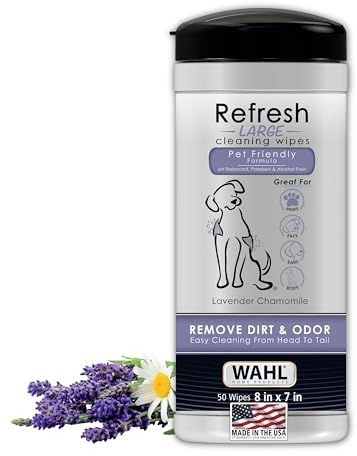 WAHL 0043917820187 Pet Refresh Lavendel Reinigungstücher für alle Hunderassen – Verwendung an Ohren, Nase, Pfoten, Pfoten und empfindlichen Bereichen – 50 Tücher