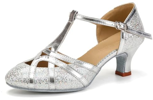 DKZSYIM Glitter Women Latin Dance Shoes Closed Toe Ballroom Salsa Tango Practice Performence Party Dancing Shoes,511-Silver-5,US 8.5