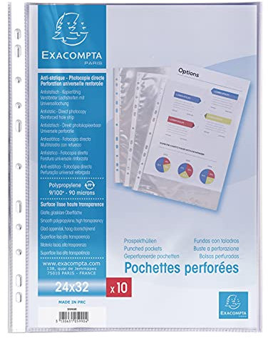 Exacompta 5990E 10er Pack Premium Klarsichthüllen 90μ, Für DIN A4+ 24 x 32 cm transparent glasklar oben offen ideal für Ordner und Ringbücher Prospekthüllen