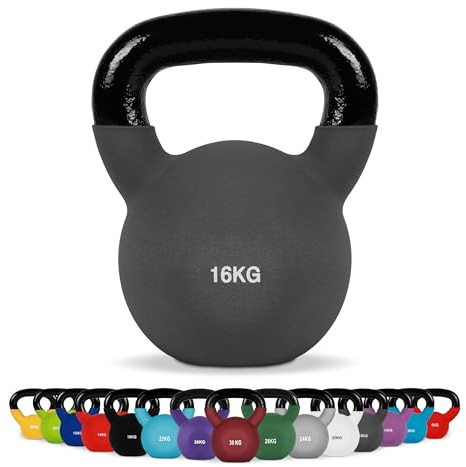 MSPORTS Kettlebell professionell neopren 2 – 30 kg inklusive plansch med kettlebell-övningar 16 kg – antracit