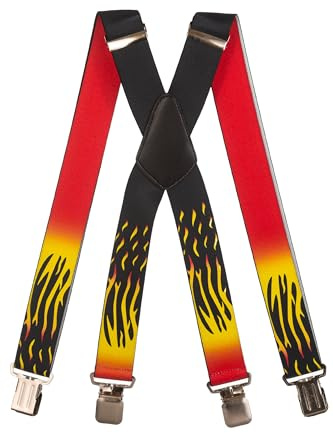 Olata Herren-Hosenträger in X/Y-Form, Flammenmotiv, 40 mm | Robuste 40-mm-Hosenträger in X oder Y-Form mit Flammenmotiv, starken Clips und Lederkreuz; sicher und vielseitig.