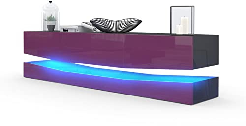 Vladon Buffet Bas City, Meuble TV avec Socle, 1 Compartiment Ouvert et 3 tiroirs, Noir Haute Brillance/Mûre Haute Brillance, éclairage LED Inclus (178 x Variable x 39 cm)