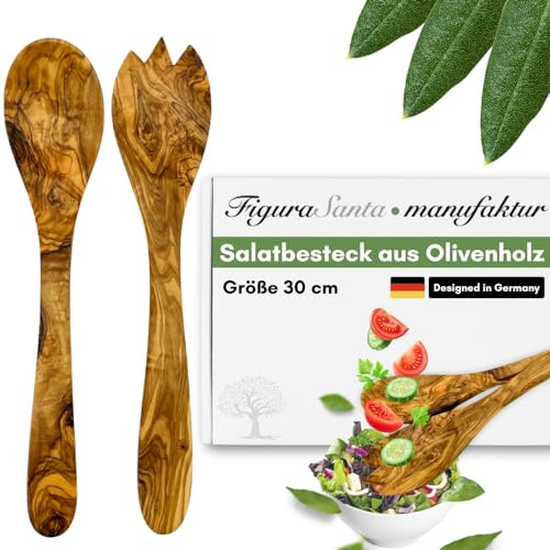 Figura Santa Exklusives Salatbesteck aus Olivenholz - Salatgabel und Servierlöffel, 2 teiliges Holzbesteck, Löffel, Gabel, Küchenhelfer aus Holz, fein gemasert (30 cm)