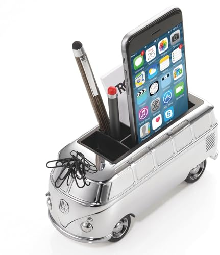 TROIKA VW Bulli — GAP06/CH (T1, Samba Bus, 1962) – Stifteköcher – Fach für Smartphones + Visitenkarten – Magnet – 5 Büroklammern – Rückziehmotor – glänzend – Official licensed product by Volkswagen