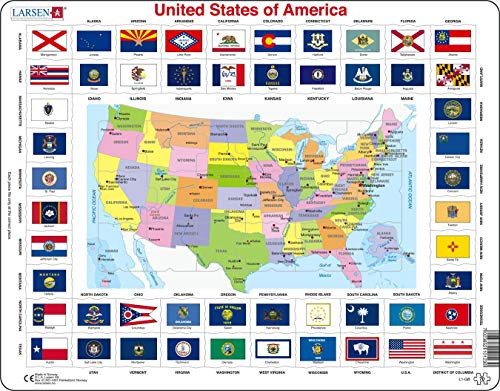 Larsen L1 USA Karte, Englisch Ausgabe, Lernpuzzle für Kinder ab 6 Jahren, Rahmenpuzzle mit 70 Teilen, Geographie Puzzle aus stabilem Karton, Umweltfreundlich hergestellt in Norwegen