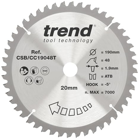 Trend Wood Cordless Mitre Saw Blade, 190mm Diameter, 20mm Bore, 48 Teeth, 1.9mm Kerf, -5° Hook, TCT, Fine Finish, CSB/CC19048T | Precision TCT Blade For Cordless Mitre Saws, With 48 Teeth, 1.9mm Kerf And -5° Hook For Fine Wood Cuts, CSB/CC19048T