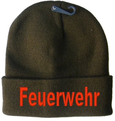 Wolfszeit Strickmütze Bestickt mit Feuerwehr (Oliv)