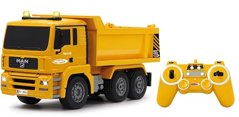 JAMARA 405002 - Muldenkipper Man 1:20 2,4G - Kippmulde hoch/runter, realistischer Motorsound, Hupe, Rückfahrwarnsound, 4 Radantrieb, gelbe LED Signallichter, programmierbare Funktionen