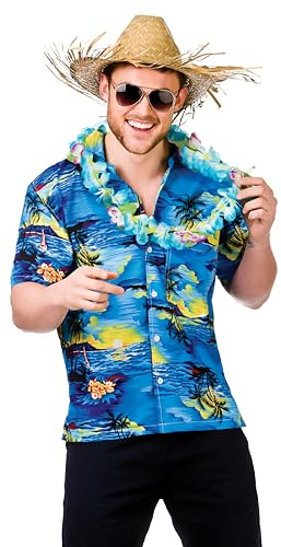 Wicked Costumes Mens Blue Palm Tree Hawaiian Shirt - Fancy Dress Costume - Large