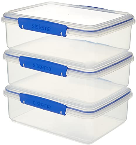 Sistema 1723 Klip It Food Storage Container Set, Large Airtight Food Boxes with Clip-Close Lids, BPA-Free, Blue Clips, 2 L, 3 Count | BPA-free plastic builds with clip-close lids preserve dry goods or meals, with a stackable layout to save kitchen space.