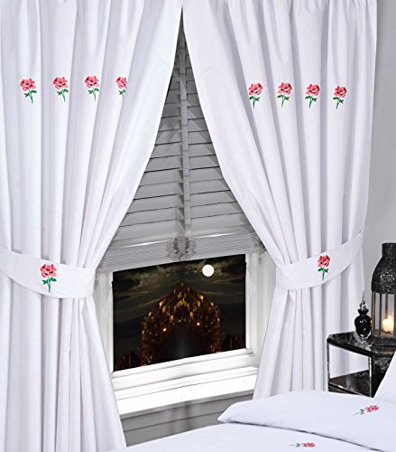 Blush Pink, 66x72 Curtains + Matching Tie-Backs, BY GOLDSMITH CREWE & CO, Floral Embroidered Rose Flower White Green