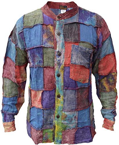 Gheri Men's Tie Dye Stonewashed Patch Cotton Grandad Shirt Full Sleeve Large