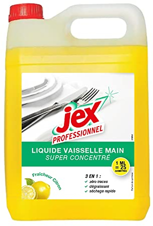 JEX - Liquide vaisselle Mains Parfum Citron - Action 3 en 1 : Dégraissant, Zéro Traces, Séchage Rapide - Formule Ultra-Concentrée - Fabrication Française - 5 Litres