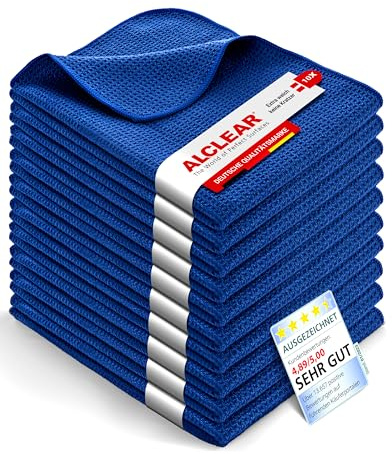ALCLEAR 820901_10 Lot de 10 chiffons absorbants en microfibre gaufrés 60 x 40 cm qui attirent l'eau sans rayures ni traces – Parfait pour voiture, moto, cuisine, verres, vaisselle, restauration – Bleu