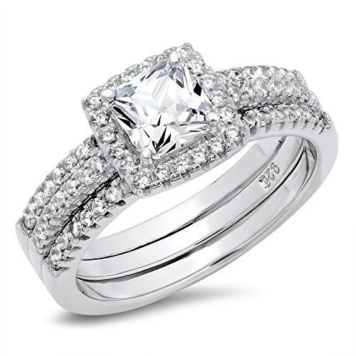 Metal Factory Sz 4 Sterling Silver Cushion Cubic Zirconia CZ 2Pc Halo Wedding Engagement Ring Insert Set