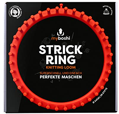 myboshi Strickring inkl. Strickhaken, Garnnadel und Anleitung, 24 cm Durchmesser, 36 Stifte, seitlicher Stift zur Fixierung, für Kinder und Anfänger Orange, 1 Strickring