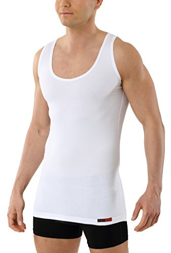 ALBERT KREUZ Canottiera Bianca da Uomo – Maglietta Intima Senza Maniche – con Scollo Rotondo Profondo Taglio Extra-Lungo ed Aderente di Cotone Elasticizzato Traspirante S/04