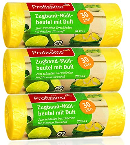 Müllbeutel mit frischem Zitrusduft - 30 Liter (60 Stück) - 3er Pack (3 x 20 Stück) - Ideal für Büro, Haushalt und Bad