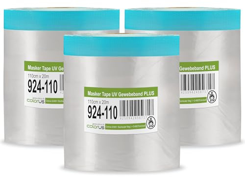 Colorus Abdeckfolie mit Klebeband – 3er Set 110 cm x 20 m – Masker Tape mit Gewebeband – selbstklebende Malerfolie – Abdeckfolie für große Flächen, Wände & Türen – UV-geeignet