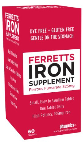 Ferretts Iron Tablets 106mg (325mg Ferrous Fumarate) - 60 Day Supply of High Potency Iron Supplements for Women & Men, Easy on The Stomach Iron Supplements for Anemia, 60 Iron Pills Per Bottle
