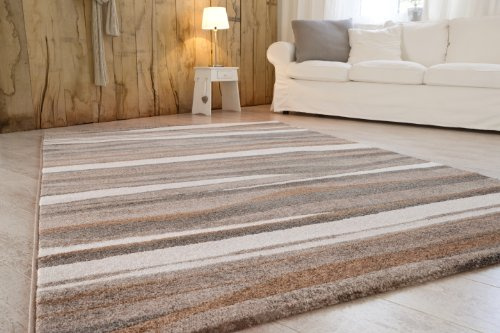 andiamo Webteppich moderner stilvoller Kurzflor Teppich robust und pflegeleicht aus 100% Polypropylen geeignet für Fußbodenheizung und Saugroboter 60 x 110 cm Streifen Braun