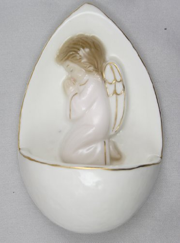 Porcellana - Weihkessel Acquasantiera con angelo che prega bordo oro rosa 10,5 cm