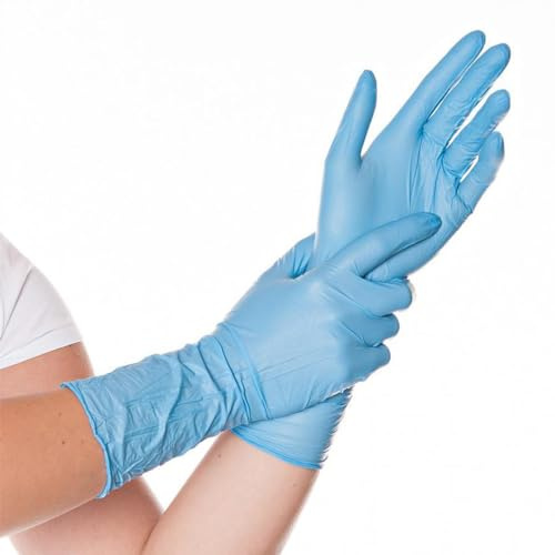 FRANZ MENSCH Premium-Nitril-Handschuh, 1000-Top-Einweghandschuhe, Einmal- Schutzhandschuhe, Nitril-Einweghandschuhe, Untersuchungshandschuhe, puderfrei, extra lang 30cm, blau, 9/L