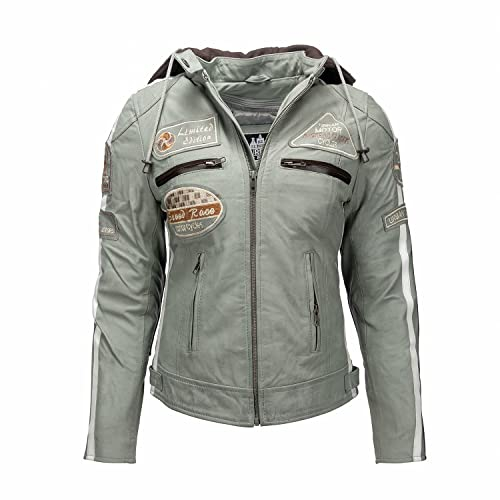URBAN 5884 Motorradjacke Damen Mit Protektoren, Damenjacke aus Lammleder, Protektoren für Rücken, Schultern und Ellenbogen | Grau | XL