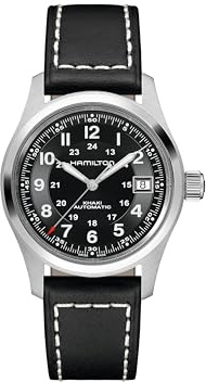 Hamilton Khaki Field Automatic Men's Watch, 38mm Stainless Steel Case, Swiss Made, Black Dial Analog Wrist Watch for Men, 100m Waterproof, Sapphire Crystal, 3-Hand Movement, Cow Leather Strap