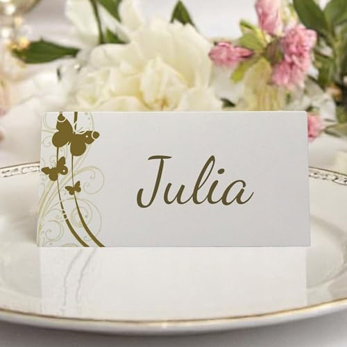EinsSein 50x Tischkarten Hochzeit Liebesfalter Gold Creme Hochzeit, Tischkarten, Platzkarten, Namenskarten, Herz Schmetterling