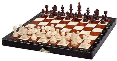 Sunrise Chess & Games Kleines Lux Magnetschach aus Holz – magnetisches Reiseschach mit geschnitzten magnetischen Figuren im Turnier-Stil, klappbares Schachbrett, gut ausbalanciert, 2 Spieler