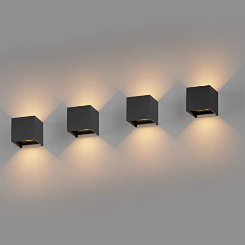 K-Bright 4 Pack Außenlampe Auf und ab Einstellbarer Lichtstrahl, Schwarz | Wasserdicht IP65, Warmweiß 3000K, 12W Wandleuchten Innen/Außen, Aluminium Außenwandleuchte für Garten, Eingang, Wohnzimmer