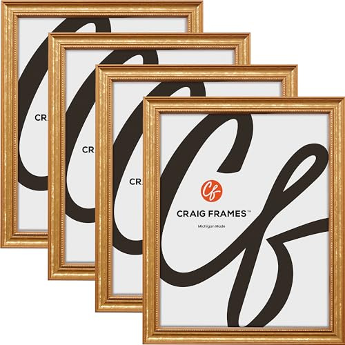Craig Frames 11x17 Picture Frame – Gold Ornate Style, 3/4 Inch Wide Solid Wood Moulding with Vintage Beaded Detail, Glass and Backing Included, Wall Display Frame for Art and Photos, Set of 4