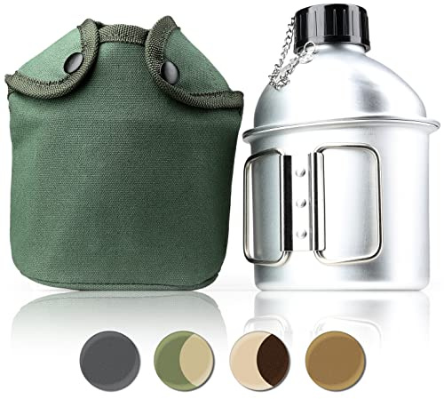 Ganzoo Aluminium Feldflasche 1 Liter inkl. Trinkbecher (Kochbehälter), Bundeswehr-Flasche/Alu Travel Bottle + Stofftasche Bundeswehrgrün