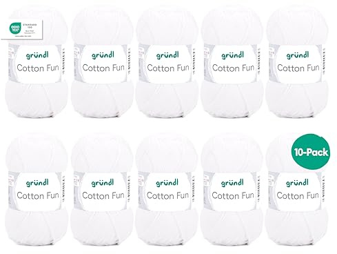 Gründl Laine Cotton Fun - laine pour crocheter - fil à tricoter - facile d’entretien et agréable pour la peau - 100% coton - 10 pelotes 50 g / 115 m - taille d’aiguille 3-4 - blanc
