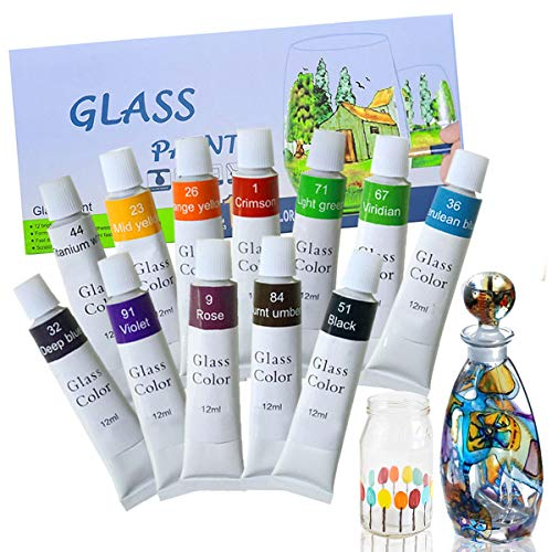 Happlee 12 Glasfarbe Glasmalfarbe Spülmaschinenfest Glasfarben Wasserfest Farbe für Glas Bemalen Weingläser Transparente Glasmalfarben Set mit Palette (12 x 12Ml)