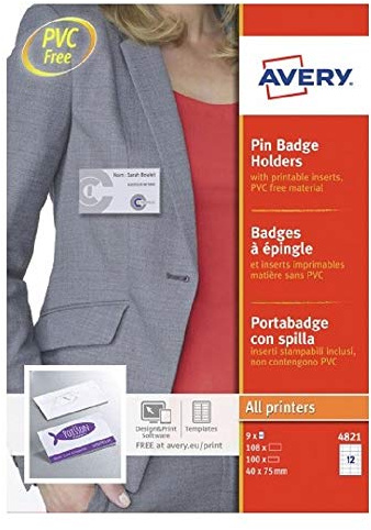 AVERY ZWECKFORM Boite de 100 portes-badge épingle 4x7,5 cm + 108 inserts microperforés