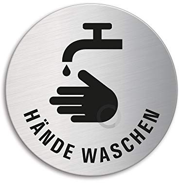 Schild Hände waschen Ø 75 mm Türschild aus Edelstahl fein-matt gebürstet selbstklebend 39247