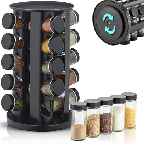 EliteHoff Carrusel de Especias, Especiero Giratorio de Acero Inoxidable, Especiero Redondo Giratorio Negro, Juego de Tarros de Especias (20 Tarros)