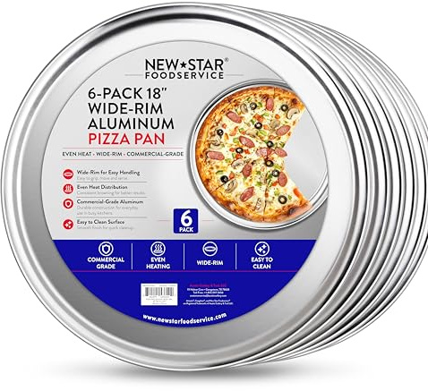 New Star Foodservice Restaurant-Grade Aluminum Pizza Pan/Tray, Wide Rim, 18 Inch, Pack of 6