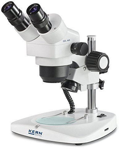 Stereo-Zoom Mikroskop [Kern OZL 441] Das Flexible für Labor und Qualitätskontrolle, Tubus: Trinokular, Okular: WF 10x Ø22 mm, Sehfeld: Ø23-5,5 mm, Objektiv: 1x - 4x, Ständer: Säule, Beleuchtung: