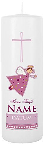 Striefchen® Taufkerze rosa für Mädchen mit Schutzengel inkl. Gratis Beschriftung 25 x 8 cm