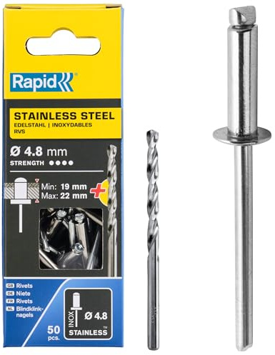 Rapid Blindnieten Edelstahl V2A 4,8 x 25 mm, 50 Stk. mit Bohrer | Rostfreie V2A Nieten für Außenbereich; 4,8 mm Durchmesser; 19–22 mm Klemmbereich; silber; 50 Stück; inkl. Bohrer