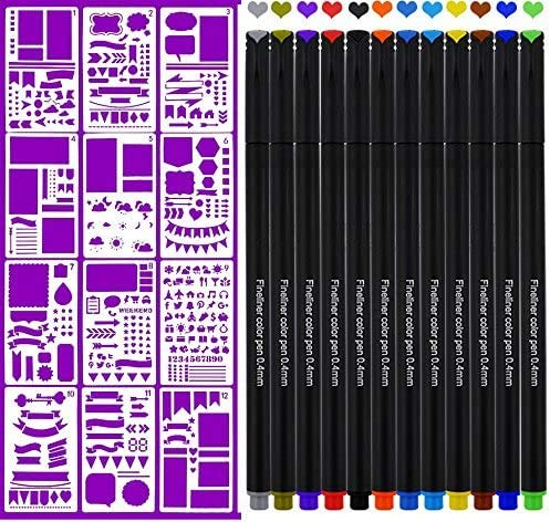 BOBOC Fineliner Filzstift und Zeichenschablonen Set, 24er Pack für Scrapbooking, Fotoalbum, Gästebuch, DIY Geschenkkarten, Filzstift für Tagebuch, Schreiben, Malen, Comics