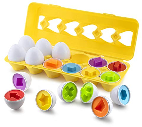Play Brainy Shape and Color Matching Eggs – Easter Egg Toy – Educational Montessori STEM Toy for Toddlers and Preschoolers – Great for Color and Shape Recognition Development – Set of 12 Shape Eggs,