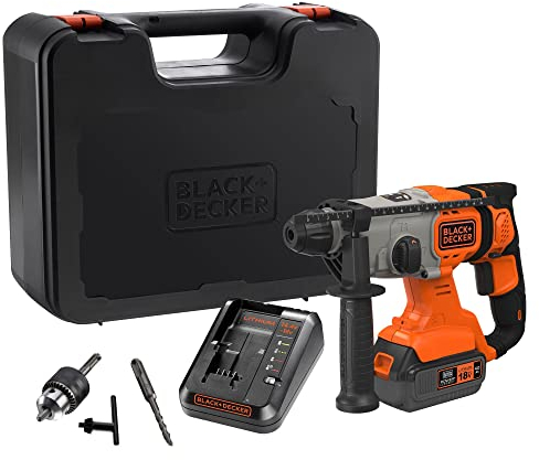 BLACK+DECKER Trapano a percussione a batteria SDS-Plus da 18V, batteria da 4,0Ah, caricabatterie da 2A, scatola del kit, impugnatura regolabile, luce LED, BCD900M1K-QW