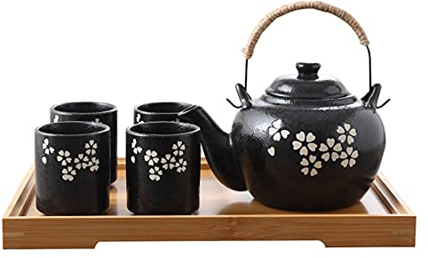 fanquare Japanisches Porzellan Tee Set mit Weißen Blüten Muster,Handgefertigtes Kungfu Teeservice für Erwachsene, 1 Teekanne Con Infusor und 4 Teetassen mit Bambus Tee Tablett