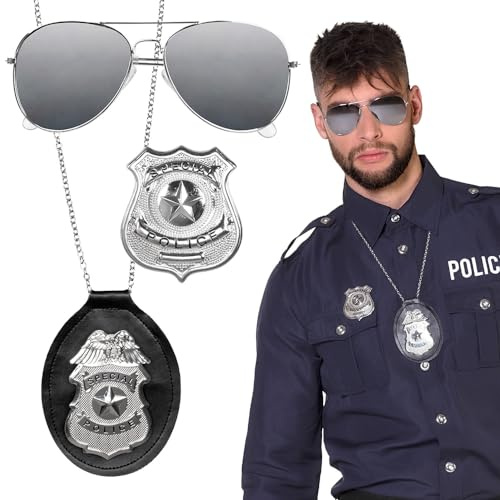 Boland 01417 - 3-teiliges Polizei-Set, Party-Brille, Halskette und Abzeichen, Silber-Schwarz, Unisex, Special Police, Kommissar, Kostüm, Karneval, Mottoparty | 3-teilig für Kostüme, Karneval, Mottoparty und Junggesellenabschied, Polizist, Uniform