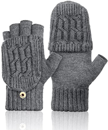 Mitaine Femme Hiver Chaud, Gants Sans Doigts, Moufles Homme Convertibles avec Rabat pour Adultes, Adolescents (Gris)